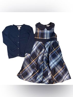 NWT/NWOT Janie and Jack Prima Ballerina Navy Plaid Dress with Navy Cardigan 4T